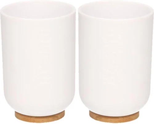 Merkloos 2x Witte Badkamer/keuken Bekers Met Bamboe 11 Cm- 300 Ml - Badkameraccessoires - Drinkbeker