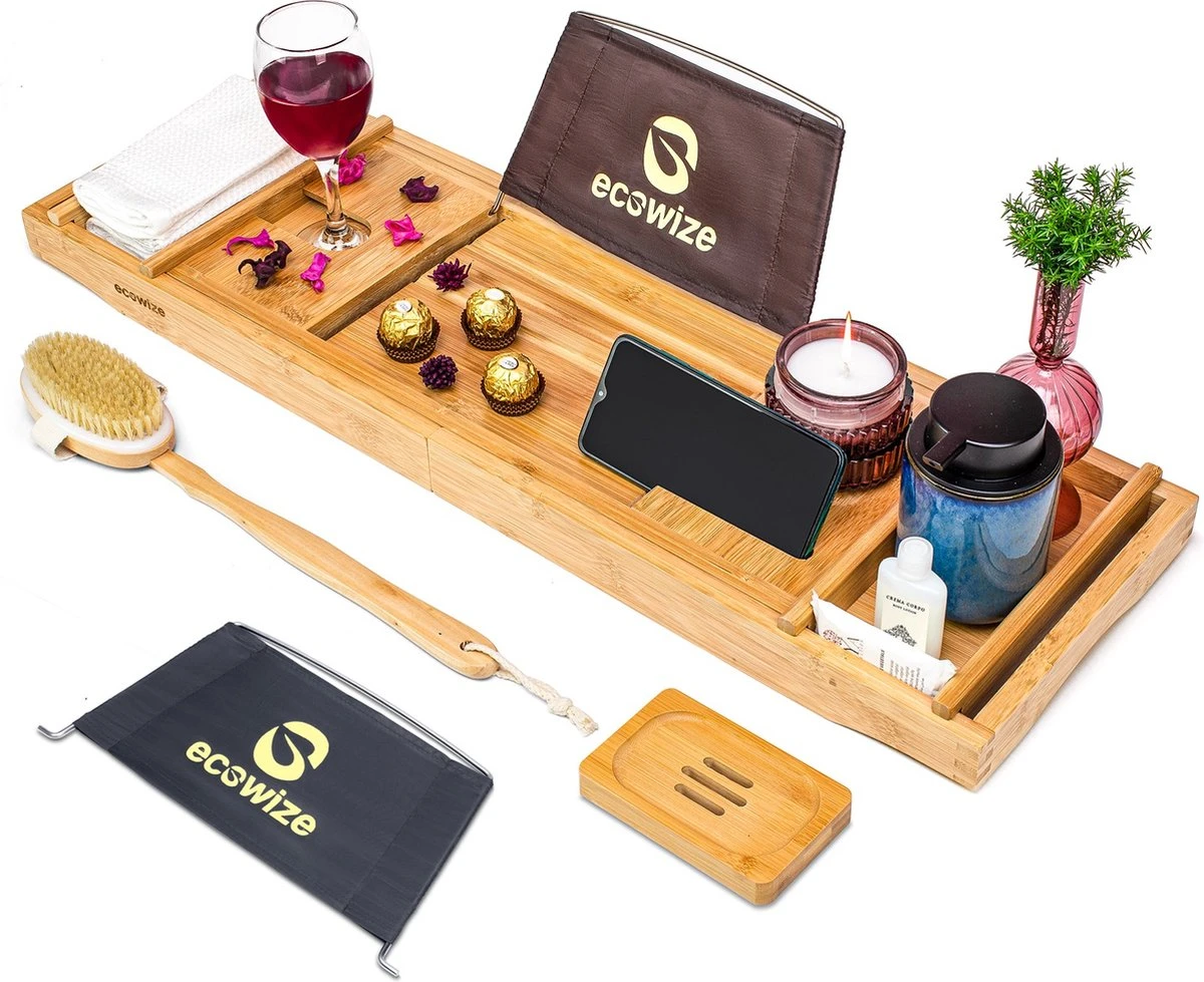 Ecowize Luxe Bamboe Badplank Voor In Bad Met Tablethouder - 100% Natuurlijk Bamboe Badrek Met Boekenhouder - Bad Plank Hout Met Nonslip Grips - Badrekje Voor Bad - Badplankje Uitschuifbaar (75cm Tot 110cm) Met Extra Zeepbakje En Body Brush 1 Ecowize Luxe Bamboe Badplank Voor In Bad Met Tablethouder - 100% Natuurlijk Bamboe Badrek Met Boekenhouder - Bad Plank Hout Met Nonslip Grips - Badrekje Voor Bad - Badplankje Uitschuifbaar (75cm Tot 110cm) Met Extra Zeepbakje En Body Brush