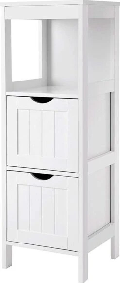 Staand Houten Badkamerkastje Met 2 Te Benutten Schuiflades - Vrijstaand Kastje Voor Badkamer Met Twee Lades - 30x30x89cm - Wit -Badkamer Kast Winkel 511x1200