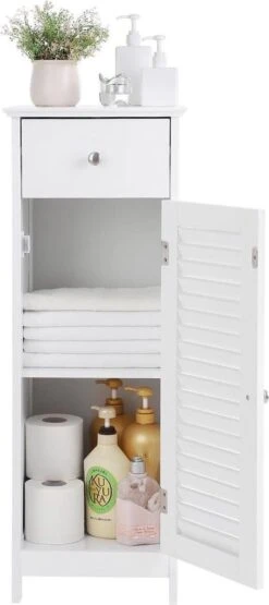 Songmics Badkamermeubel, Badkamermeubel, Zijkast, Nachtkastje Met Lade En Lamellaire Deur, Badkamer, Gang, Slaapkamer, 32 X 87 X 30 Cm, Wit BBC43WT -Badkamer Kast Winkel 534x1200