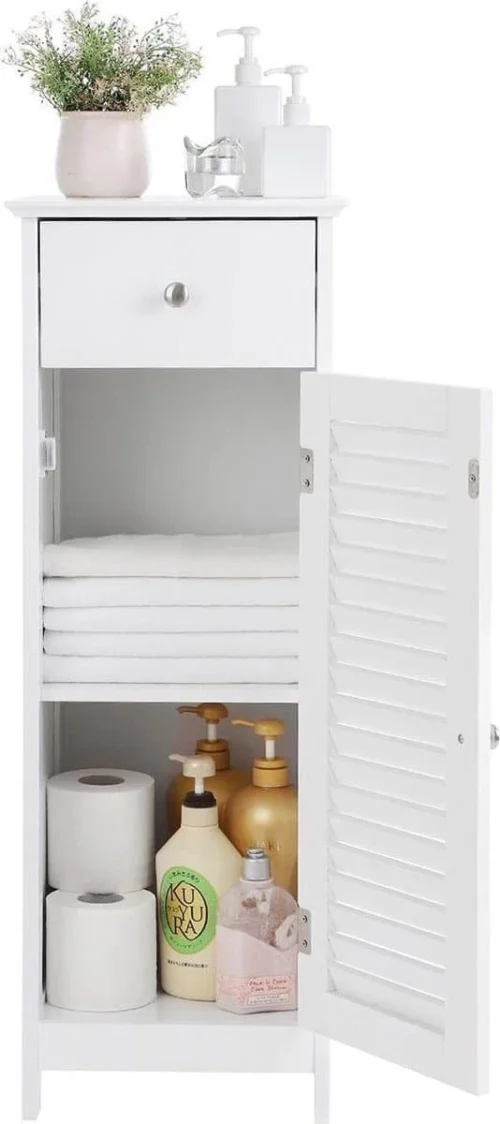Songmics Badkamermeubel, Badkamermeubel, Zijkast, Nachtkastje Met Lade En Lamellaire Deur, Badkamer, Gang, Slaapkamer, 32 X 87 X 30 Cm, Wit BBC43WT 11 Songmics Badkamermeubel, Badkamermeubel, Zijkast, Nachtkastje Met Lade En Lamellaire Deur, Badkamer, Gang, Slaapkamer, 32 X 87 X 30 Cm, Wit BBC43WT -Badkamer Kast Winkel 534x1200
