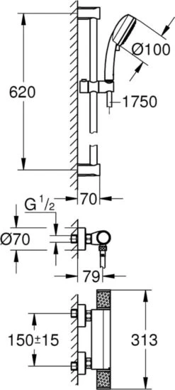 GROHE Grohtherm-1000 Performance Renovatieset - Met Thermostaatkraan, Koppelingen, Glijstang En Hoofddouche - CoolTouch - Chroom -Badkamer Kast Winkel 540x1200