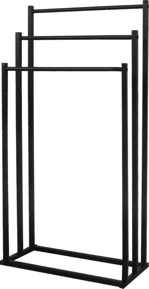 MIRI Handdoekrek – Handdoekhouder – Vrijstaand – Zwart – Staand – Metaal – 3 Rails – Zonder Boren – Badkamer / Keuken