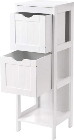 Staand Houten Badkamerkastje Met 2 Te Benutten Schuiflades - Vrijstaand Kastje Voor Badkamer Met Twee Lades - 30x30x89cm - Wit -Badkamer Kast Winkel 640x1200 1