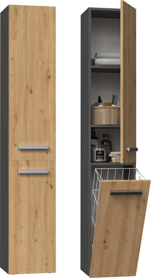 Merkloos Badkamermeubel-Badkamerkast – Wandkast – Kolomkast – Hoog – Met Wasmand – Antraciet- Eiken Kleur