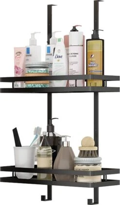 Doucherek Zonder Boren Inclusief Douchewisser - Aan Douchewand - Zwart - Ophangbaar - Zuignap - 2 Laags - Wiper - Shower Rack - Valentijnsdag Cadeau -Badkamer Kast Winkel 701x1200