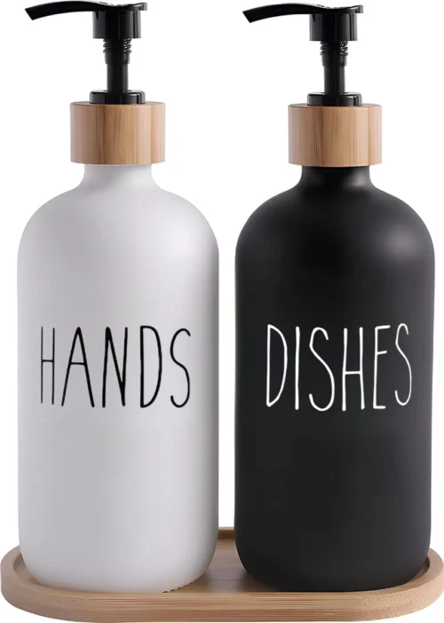 MAESON Glazen Zeepdispener Set Voor Handzeep En Afwasmiddel – Zeeppompje Keuken – Keukenaccesoires - Zwart/Wit