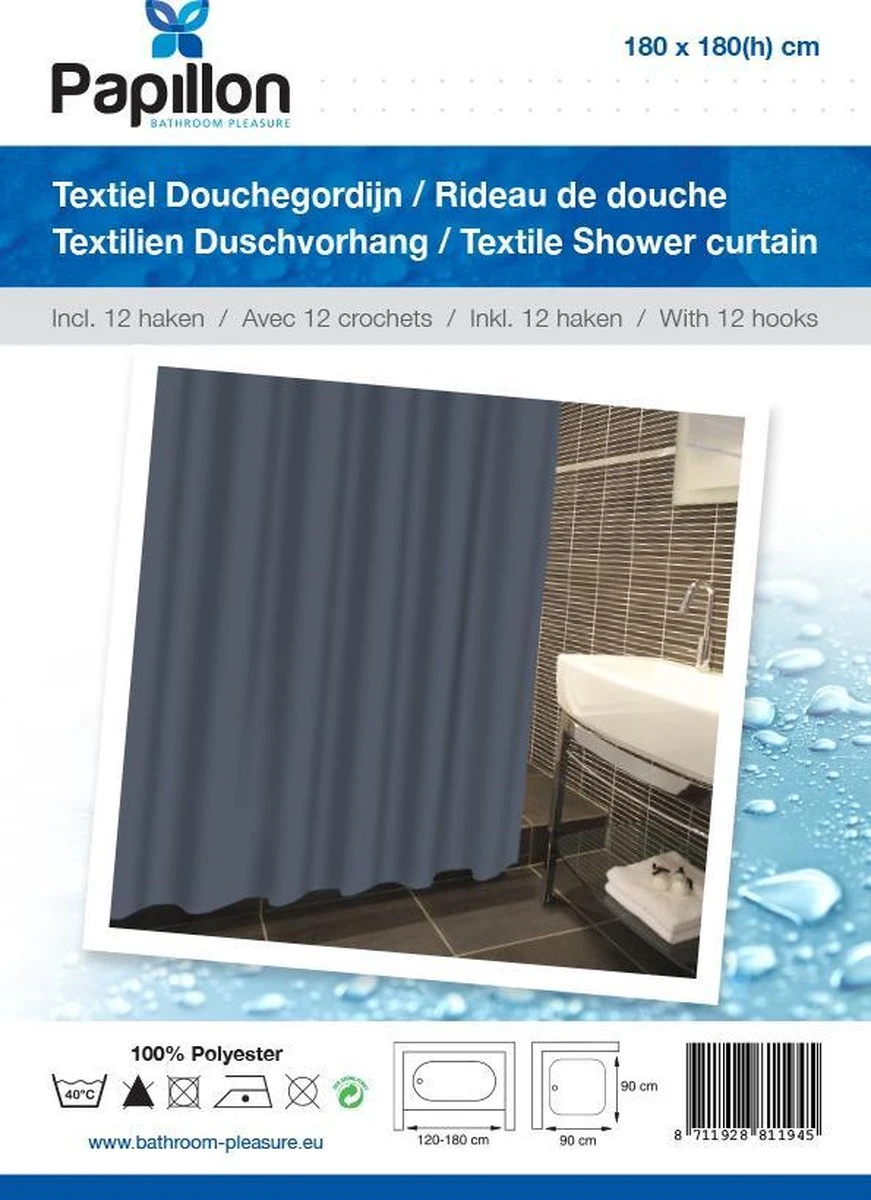 Papillon - Textiel Douchegordijn - Antraciet - 180x180 Cm 2 Papillon - Textiel Douchegordijn - Antraciet - 180x180 Cm - Afbeelding 2