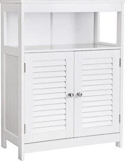 Songmics Badkamerkast Van Hout, Badkamerorganizer, Badkamerrek, Vrijstaand Met 2 Lamellendeuren, Wit, BBC40WT