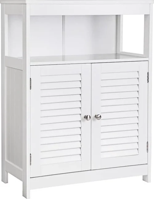 Songmics Badkamerkast Van Hout, Badkamerorganizer, Badkamerrek, Vrijstaand Met 2 Lamellendeuren, Wit, BBC40WT