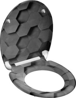 SCHÜTTE WC-Bril 82392 GREY HEXAGONS - Duroplast - Soft Close - Afklikbaar - RVS-Scharnieren - Decor - 3-zijdige Print -Badkamer Kast Winkel 929x1200 5