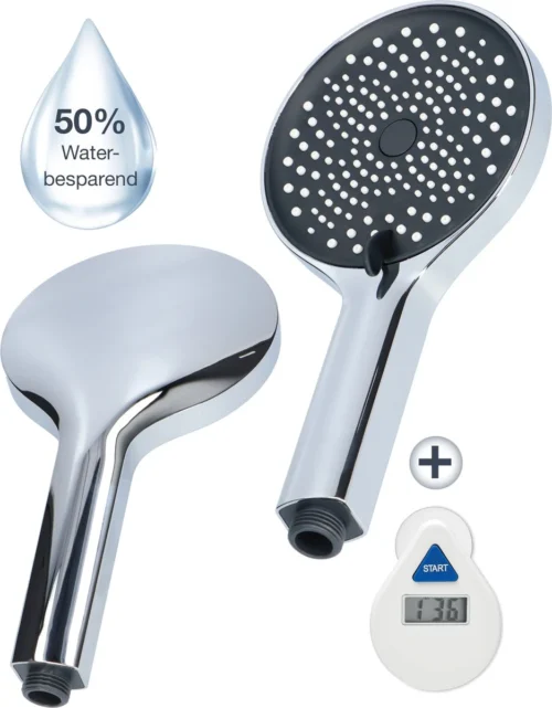 MaatWorkz - Waterbesparende Douchekop + Douchetimer - Handdouche - Hoge Druk - Luxe Design - Regendouche - ø 13 CM - 3 Standen - Chrome