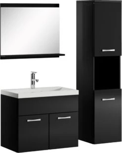 Badplaats Badkamermeubel Set Montreal 60 Cm X 35 Cm - Zwart Hoogglans - Badmeubel Met Spiegel En Zijkast