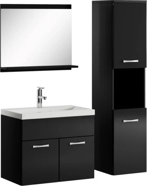Badplaats Badkamermeubel Set Montreal 60 Cm X 35 Cm - Zwart Hoogglans - Badmeubel Met Spiegel En Zijkast