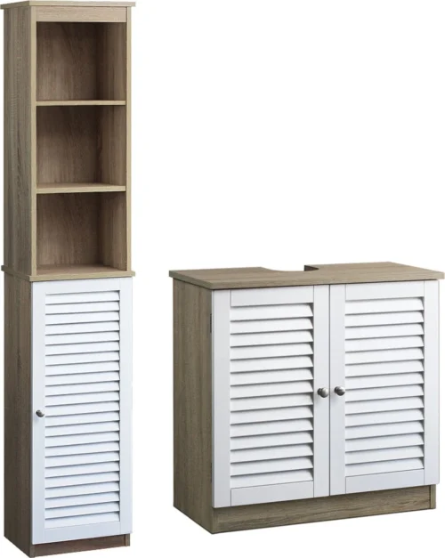 Deuba Badkamermeubel Set - Wastafelonderkast - Hoge Kast Wit Eiken