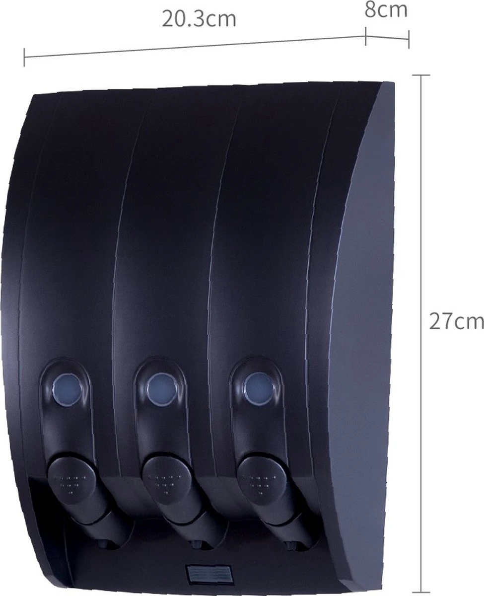 Aquathof, Zeepdispenser, Mat Zwart, 3 Kamer, 3 Reservoirs, 3x350ml, Hangend, Wandmontage 3 Aquathof, Zeepdispenser, Mat Zwart, 3 Kamer, 3 Reservoirs, 3x350ml, Hangend, Wandmontage - Afbeelding 3