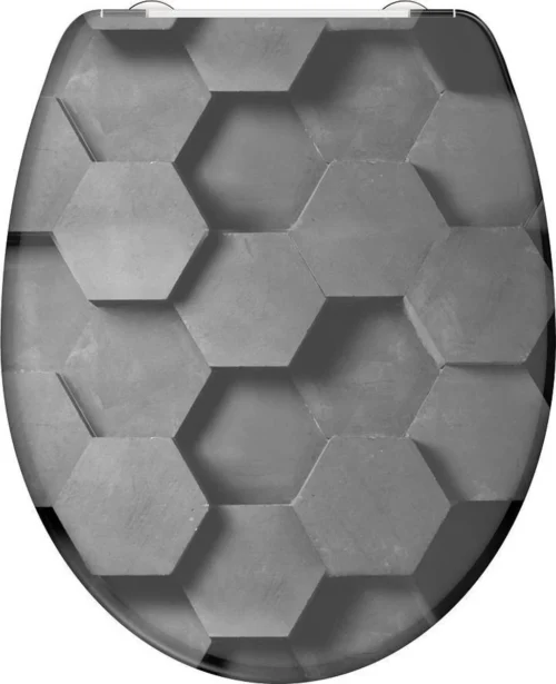 SCHÜTTE WC-Bril 82392 GREY HEXAGONS - Duroplast - Soft Close - Afklikbaar - RVS-Scharnieren - Decor - 3-zijdige Print