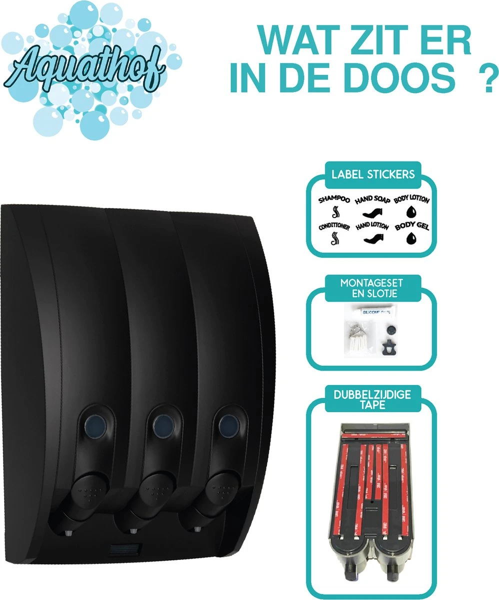 Aquathof, Zeepdispenser, Mat Zwart, 3 Kamer, 3 Reservoirs, 3x350ml, Hangend, Wandmontage 9 Aquathof, Zeepdispenser, Mat Zwart, 3 Kamer, 3 Reservoirs, 3x350ml, Hangend, Wandmontage - Afbeelding 9